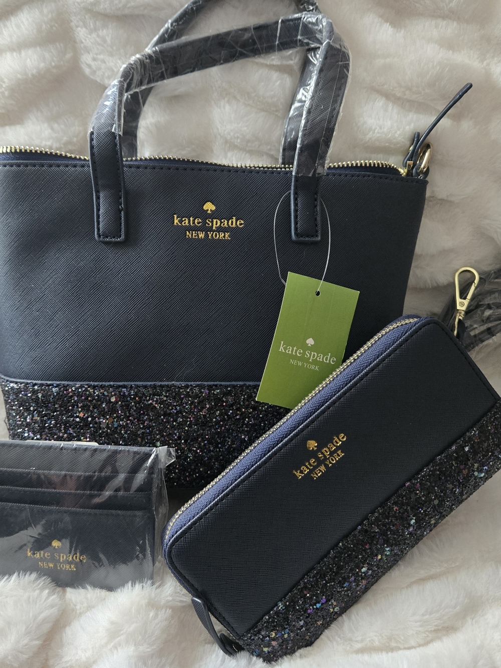 kate spade navy glitter-accent tote with matching wristlet and cardholder